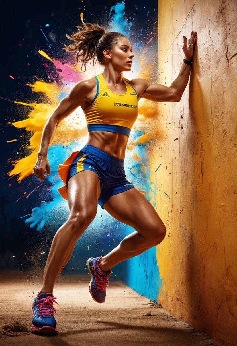 A determined athlete, mid-action, smashing through a wall symbolizing obstacles, vibrant energy radiating from their body. Surround them with glowing motivational quotes about success and perseverance, set against a dynamic, inspiring backdrop of a stadium filled with cheering fans. Use bold colors and high contrast to emphasize strength and determination. super-realistic. vibrant colors. action-packed.